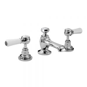 Hudson Reed Topaz Lever Chrome Deck Mounted 3 Hole Basin Mixer Tap with Pop Up Waste inc Hexagonal Collars and White Levers