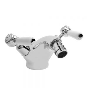 Hudson Reed Topaz Lever Chrome Mono Bidet Mixer Tap with Pop Up Waste inc Dome Collars and White Levers