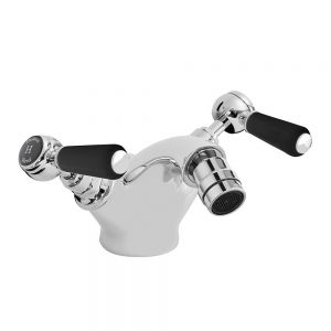 Hudson Reed Topaz Lever Chrome Mono Bidet Mixer Tap with Pop Up Waste inc Hexagonal Collars and Black Levers