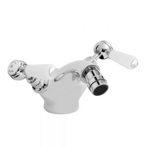 Hudson Reed Topaz Lever Chrome Mono Bidet Mixer Tap with Pop Up Waste inc Hexagonal Collars and White Levers