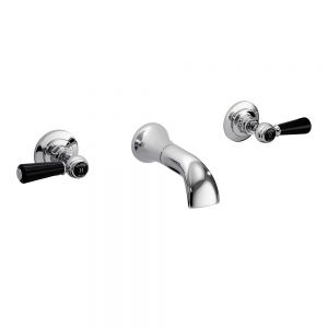 Hudson Reed Topaz Lever Chrome Wall Mounted 3 Hole Wall Mounted Basin Mixer Tap inc Dome Collars and Black Levers