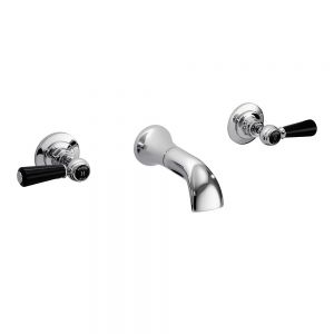 Hudson Reed Topaz Lever Chrome 3 Hole Wall Mounted Basin Mixer Tap inc Dome Collars and Black Levers