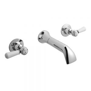 Hudson Reed Topaz Lever Chrome Wall Mounted 3 Hole Wall Mounted Basin Mixer Tap inc Dome Collars and White Levers