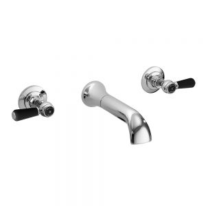 Hudson Reed Topaz Lever Chrome Wall Mounted 3 Hole Wall Mounted Basin Mixer Tap inc Hexagonal Collars and Black Levers