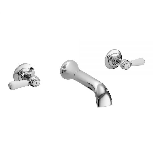 Hudson Reed Topaz Lever Chrome 3 Hole Wall Mounted Basin Mixer Tap inc Hexagonal Collars and White Levers
