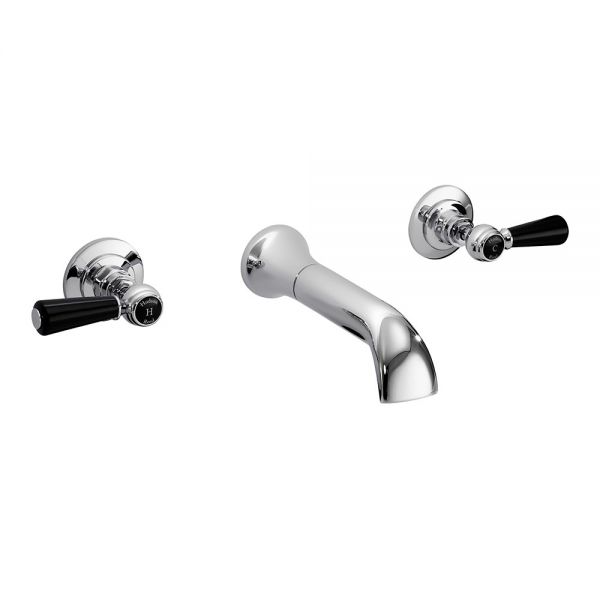 Hudson Reed Topaz Lever Chrome 3 Hole Wall Mounted Bath Filler Tap inc Dome Collars and Black Levers
