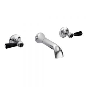 Hudson Reed Topaz Lever Chrome Wall Mounted 3 Hole Wall Mounted Bath Filler Tap inc Dome Collars and Black Levers