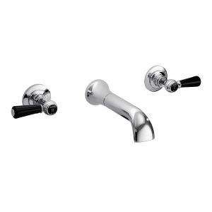 Hudson Reed Topaz Lever Chrome 3 Hole Wall Mounted Bath Filler Tap inc Dome Collars and Black Levers