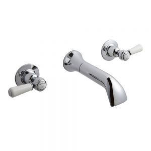 Hudson Reed Topaz Lever Chrome Wall Mounted 3 Hole Wall Mounted Bath Filler Tap inc Dome Collars and White Levers