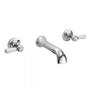Hudson Reed Topaz Lever Chrome Wall Mounted 3 Hole Wall Mounted Bath Filler Tap inc Hexagonal Collars and White Levers