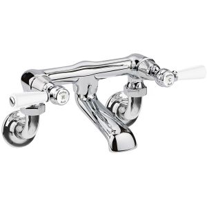 Hudson Reed Topaz Lever Chrome Wall Mounted Bath Filler Tap inc Dome Collars and White Levers