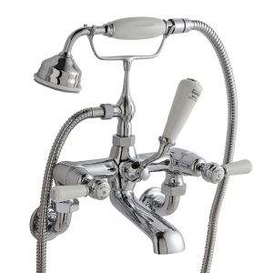 Hudson Reed Topaz Lever Chrome Wall Mounted Bath Shower Mixer Tap inc Dome Collars and White Levers