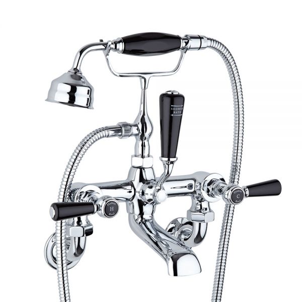 Hudson Reed Topaz Lever Chrome Wall Mounted Bath Shower Mixer Tap inc Hexagonal Collars and Black Levers