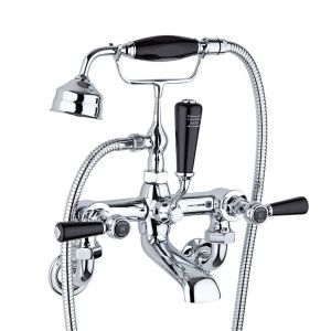 Hudson Reed Topaz Lever Chrome Wall Mounted Bath Shower Mixer Tap inc Hexagonal Collars and Black Levers