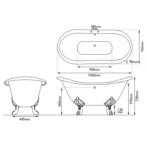 Hurlingham Byron Freestanding Cast Iron Bath 1560 x 765mm 2TH #2