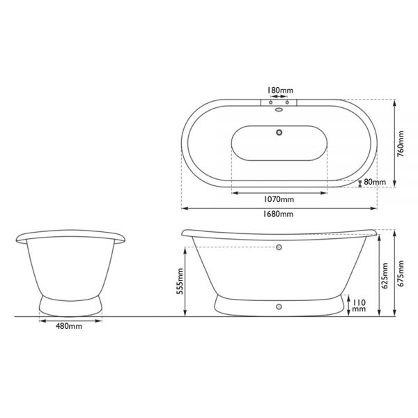 Hurlingham Chaucer Freestanding Cast Iron Bath 1680 x 760mm 2TH #2