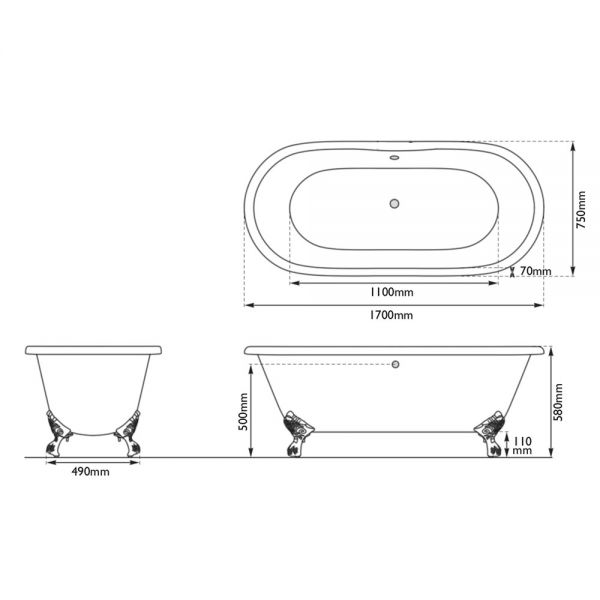 Hurlingham Dryden Freestanding Cast Iron Bath 1700 x 750mm 0TH #2
