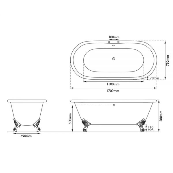 Hurlingham Dryden Freestanding Cast Iron Bath 1700 x 750mm 2TH #2