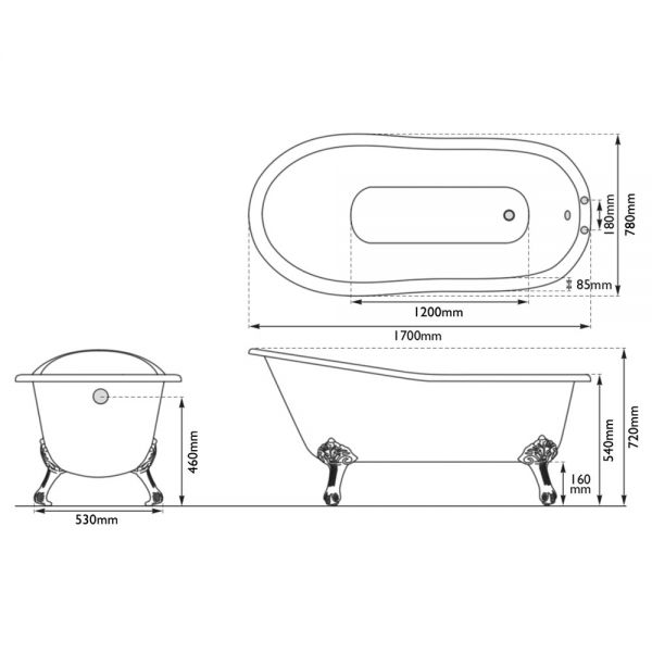 Hurlingham Marlowe Freestanding Cast Iron Slipper Bath 1700 x 780mm 2TH #2