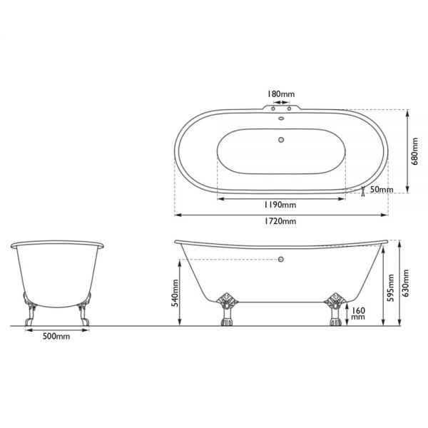 Hurlingham Prior Freestanding Cast Iron Bath 1720 x 680mm 2TH #2