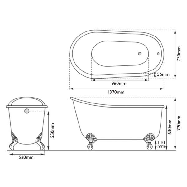 Hurlingham Shelley Freestanding Cast Iron Slipper Bath 1370 x 730mm #2