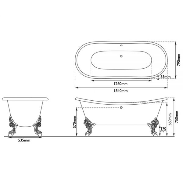 Hurlingham Tebb Freestanding Cast Iron Bath 1840 x 790mm #2