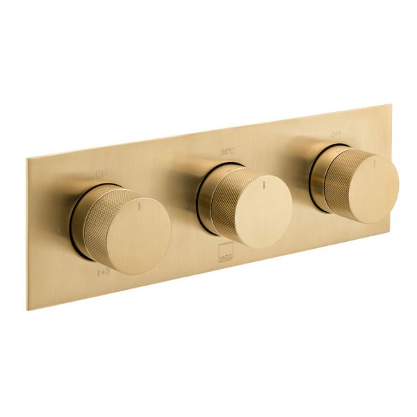 Vado Individual Tablet Knurled Brushed Gold Horizontal Three Outlet Thermostatic Shower Valve