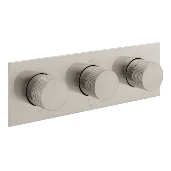 Vado Individual Tablet Knurled Brushed Nickel Horizontal Three Outlet Thermostatic Shower Valve