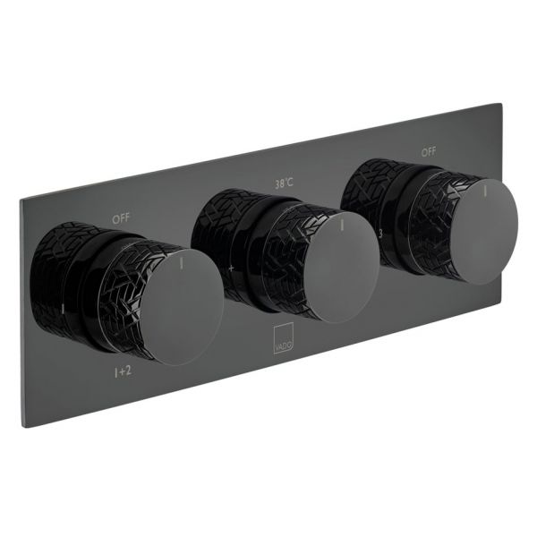 Vado Individual Omika Noir Polished Black Horizontal Three Outlet Thermostatic Shower Valve