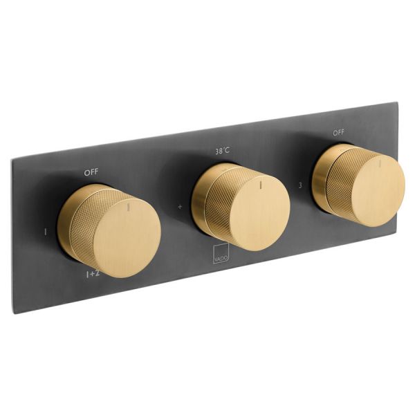 Vado Individual Tablet Knurled Fusion Black and Gold Horizontal Three Outlet Thermostatic Shower Valve