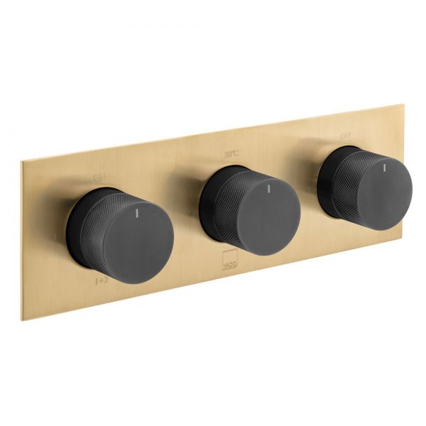 Vado Individual Tablet Knurled Fusion Gold and Black Horizontal Three Outlet Thermostatic Shower Valve
