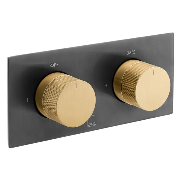 Vado Individual Tablet Knurled Fusion Black and Gold Horizontal Two Outlet Thermostatic Shower Valve