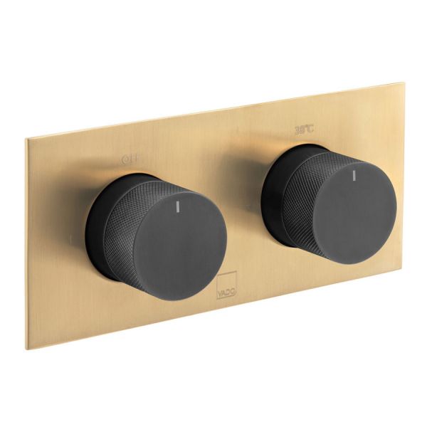 Vado Individual Tablet Knurled Fusion Gold and Black Horizontal Two Outlet Thermostatic Shower Valve