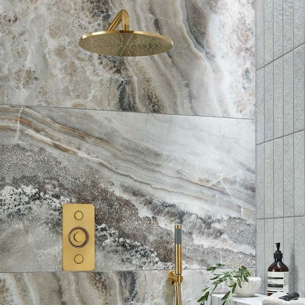 Vado Individual Zone Vertical Brushed Gold 2 Outlet Push Button Thermostatic Shower Valve #4