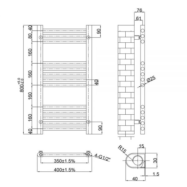 JTP Inox 800 x 400 Stainless Steel Towel Rail #2