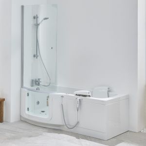 Indiana 1700 Easy Access Walk In Shower Bath with Glass Door Powered Seat and Bath Screen