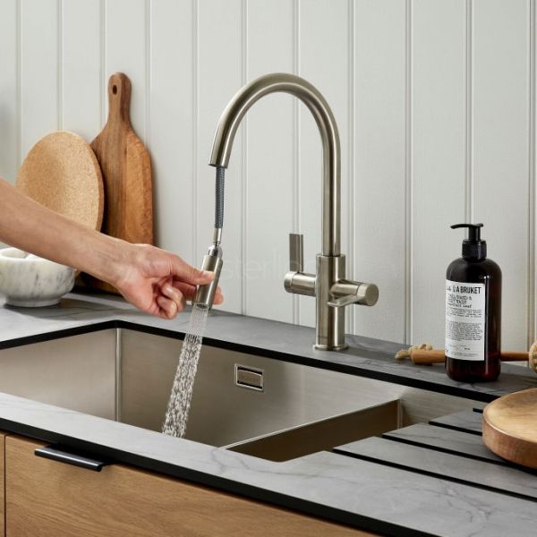 Clearwater Kira Double Lever C Spout Brushed Nickel Monobloc Kitchen Sink Mixer Tap #2