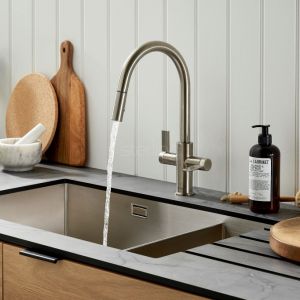 Clearwater Kira Double Lever C Spout Brushed Nickel Monobloc Kitchen Sink Mixer Tap