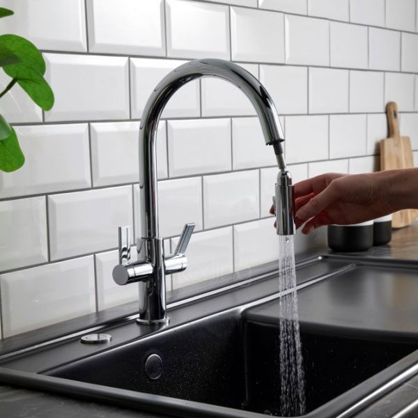 Clearwater Kira Double Lever C Spout Chrome Monobloc Kitchen Sink Mixer Tap #2