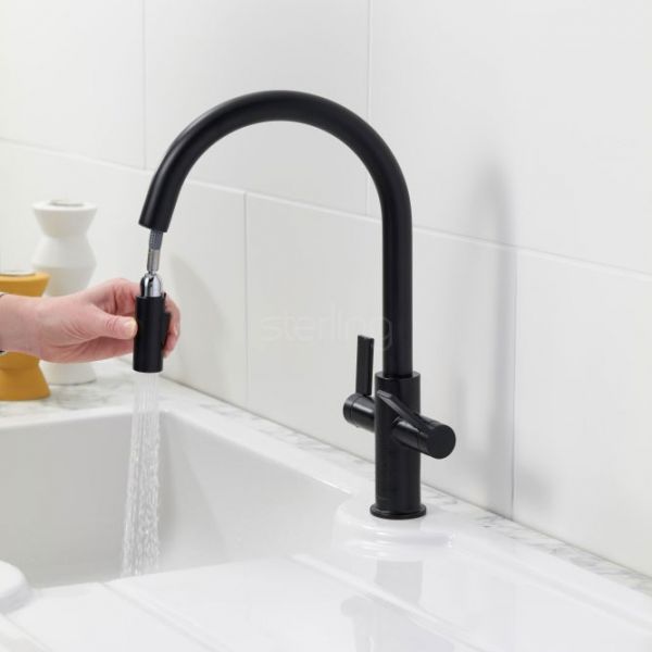 Clearwater Kira Double Lever C Spout Matt Black Monobloc Kitchen Sink Mixer Tap #4