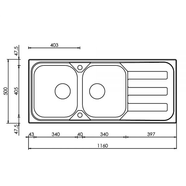 Clearwater Kudos 2 Bowl Inset Stainless Steel Kitchen Sink with Drainer 1160mm x 500mm #2