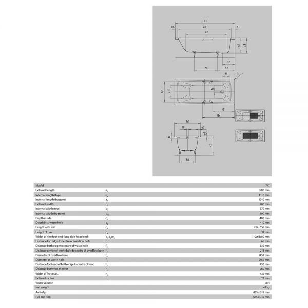 Kaldewei Cayono Single Ended Steel Bath 1500mm x 700mm 2 Tap Hole #2