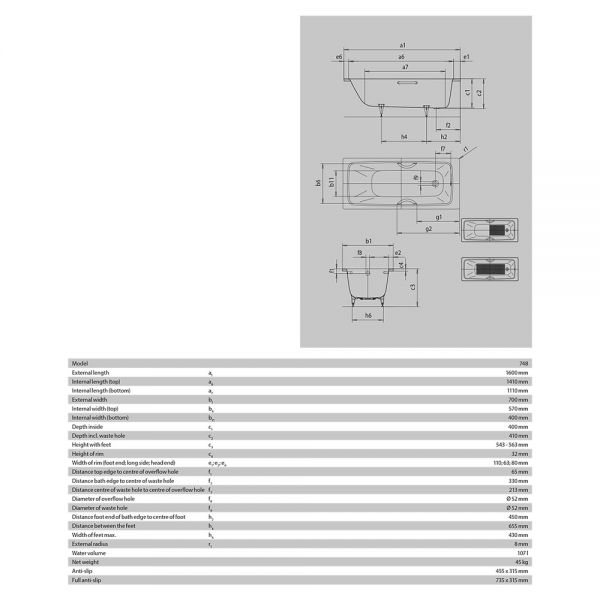 Kaldewei Cayono Single Ended Steel Bath 1600mm x 700mm 2 Tap Hole #2