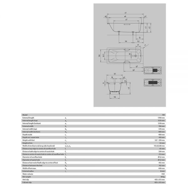 Kaldewei Cayono Single Ended Steel Bath 1700mm x 700mm 2 Tap Hole #2
