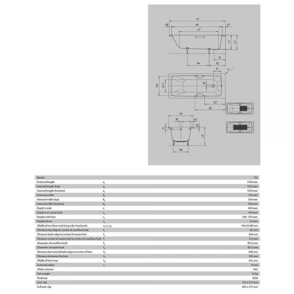 Kaldewei Cayono Single Ended Steel Bath 1700mm x 750mm 0 Tap Hole #6