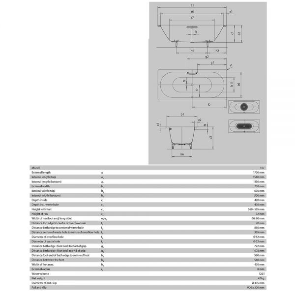 Kaldewei Classic Duo Double Ended Steel Bath 1700mm x 750mm 0 Tap Hole #3