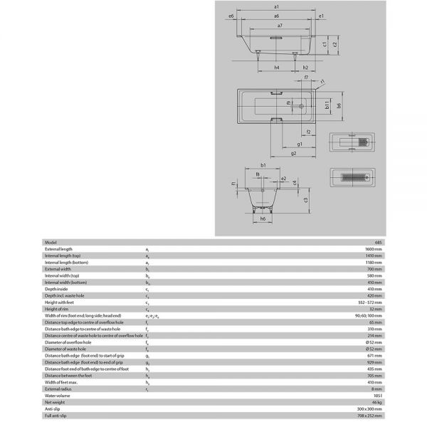 Kaldewei Puro Single Ended Steel Bath 1600mm x 700mm 2 Tap Hole #2