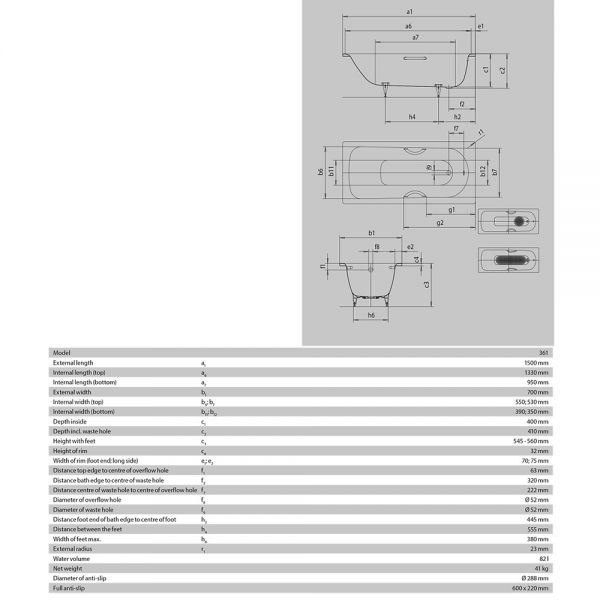Kaldewei Saniform Plus Single Ended Steel Bath 1500mm x 700mm 0 Tap Hole #4