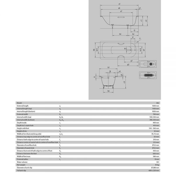 Kaldewei Saniform Plus Single Ended Steel Bath 1600mm x 700mm 0 Tap Hole #4