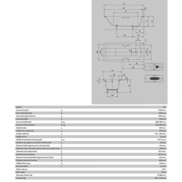 Kaldewei Saniform Plus Single Ended Steel Bath 1600mm x 750mm 0 Tap Hole #4